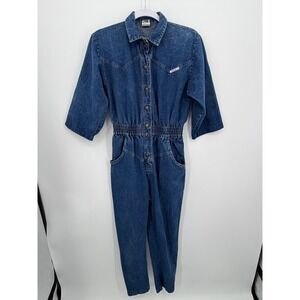 Ideas Vintage Denim Jumpsuit Women Medium Elastic Waist Snap Front 3/4 Sleeve